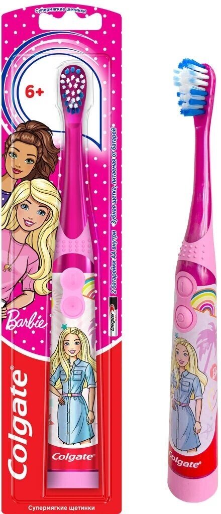 Детская зубная щетка Colgate Barbie, питаемая от батарей, супермягкая, розовая