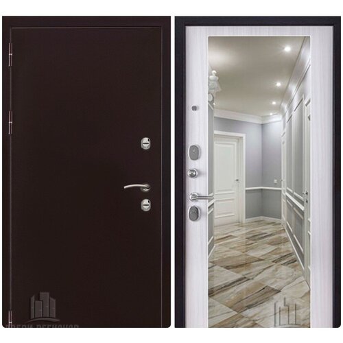 Входная дверь для дома термо 3, внутренняя панель с зеркалом 1001 MAXI, цвет капучино велюр, размер по коробке 888х2052, левая