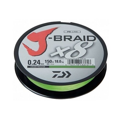 Плетеный шнур DAIWA J-Braid X8 d=0.24 мм, 150 м, 18 кг, зеленый, 1 шт.