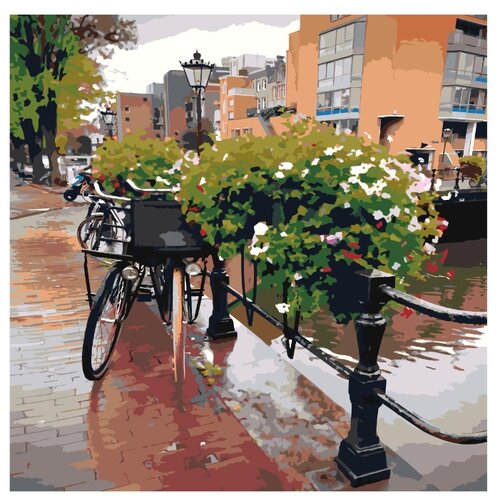 Картина по номерам, Живопись по номерам, 48 x 48, ETS244-4040, велосипед, городской пейзаж, Европа, здание, цветы, дождь, осень
