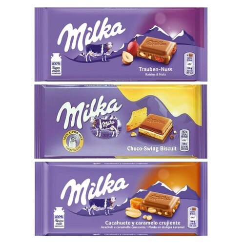 фото Шоколад milka raisins & hazelnuts + cream & biscuit + peanut crispy caramel, молочный (набор из 3 шт), 100 г, 3 шт.