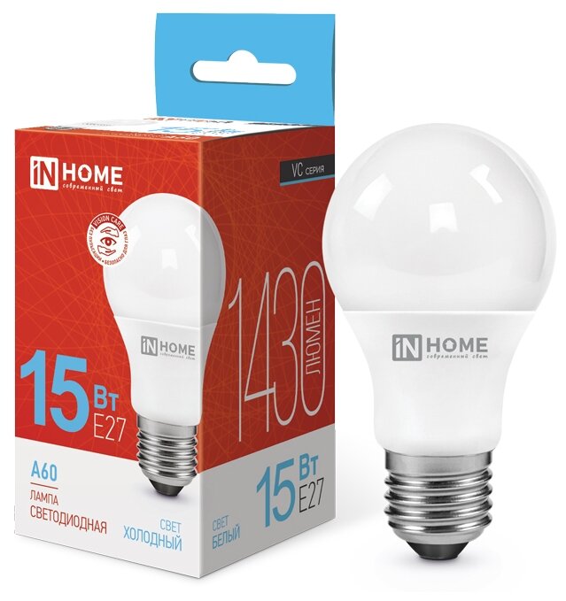 Лампа светодиодная IN HOME LED-A60-VC, E27, A60, 15 Вт, 6500 К