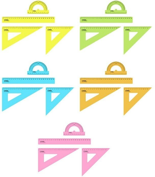Стамм Набор чертежный Стамм большой (линейка 25 см, 2 треугольника, транспортир), прозрачный, неоновые цвета, европодвес, микс