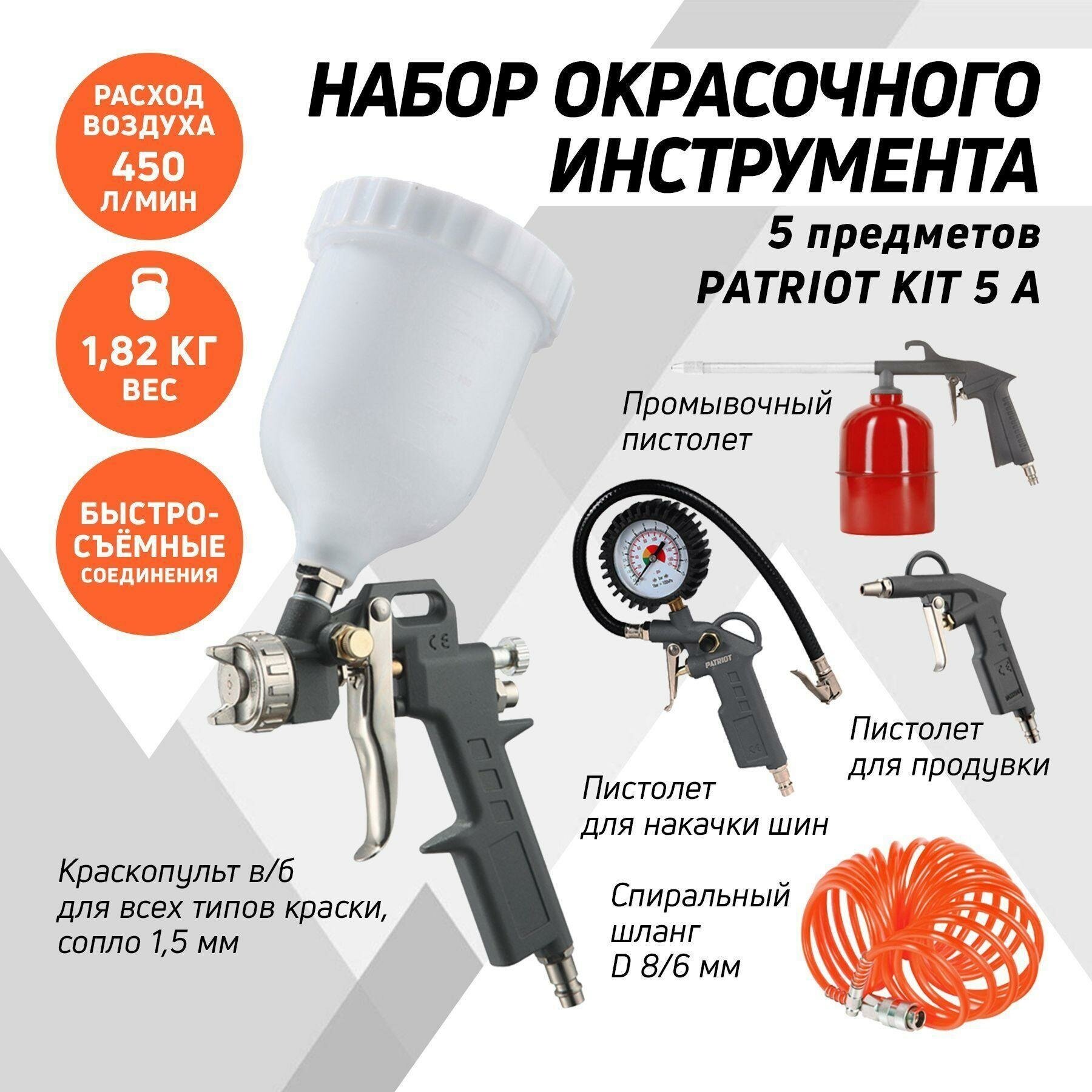 Набор окрасочного инструмента 5 предметов PATRIOT KIT 5A, быстросъем.