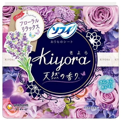 UNICHARM Ежедневные прокладки Floral Sofy Kiyora Natural для чувствительной кожи с поглотителем запаха, нежный цветочный аромат, Размер: длина 14 см * ширина 5,5 см, 72 шт