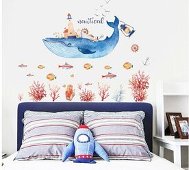 Наклейка на стену большой синий кит с маяком на спине и фонарь на хвосте, рыбки и водоросли