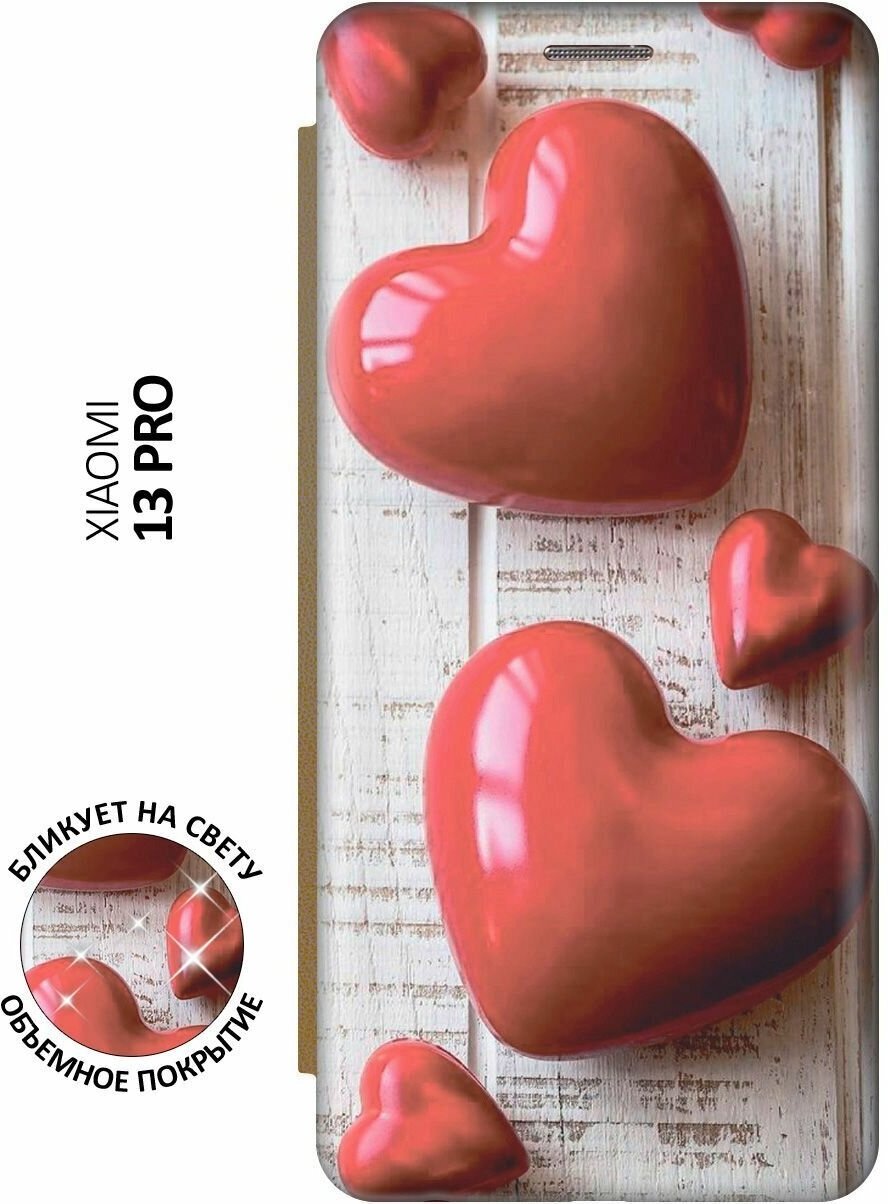 Чехол-книжка Сердечки на белом столе на Xiaomi 13 Pro / Сяоми 13 Про с эффектом блика золотой