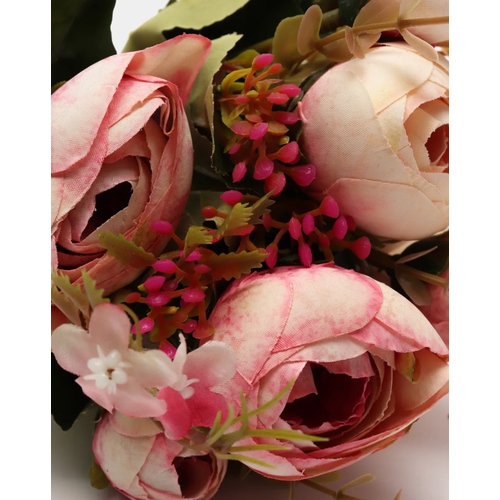 Куст искусственных цветов 31см. 5 ветвей, 13 цветков. Камелия, пион, ранункулюс, пионовидная роза. два оттенка розовых