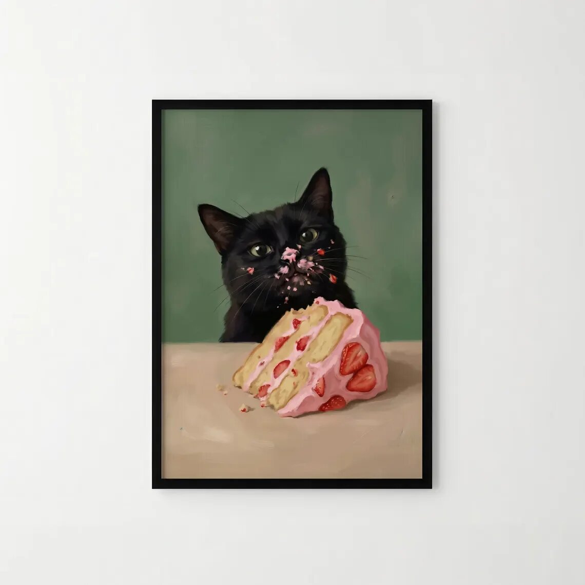 Картина на холсте "Черная кошка ест торт" TR262032, 20x30cm No Frame