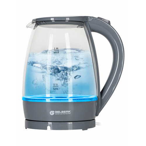 Чайник электрический 18Л 2000ВТ диск стекло LED подсв голуб цвета серый GELBERK 249300₽