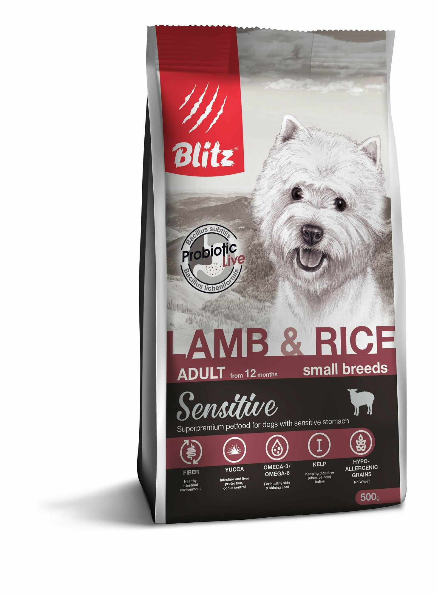 Корм для собак мелких пород сухой с ягненком и рисом BLITZ ADULT SMALL Breeds Lamb&Rice, 0,5 кг