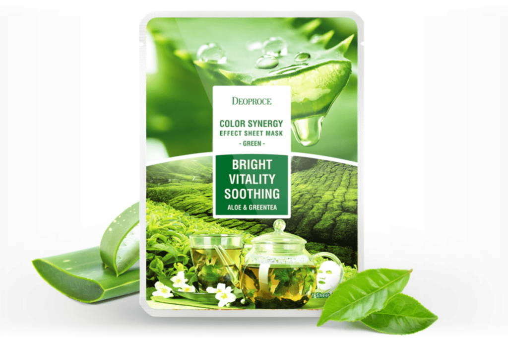 Набор масок 10 шт*20 гр с экстрактом алое и зеленого чая DEOPROCE COLOR SYNERGY EFFECT SHEET MASK GREEN