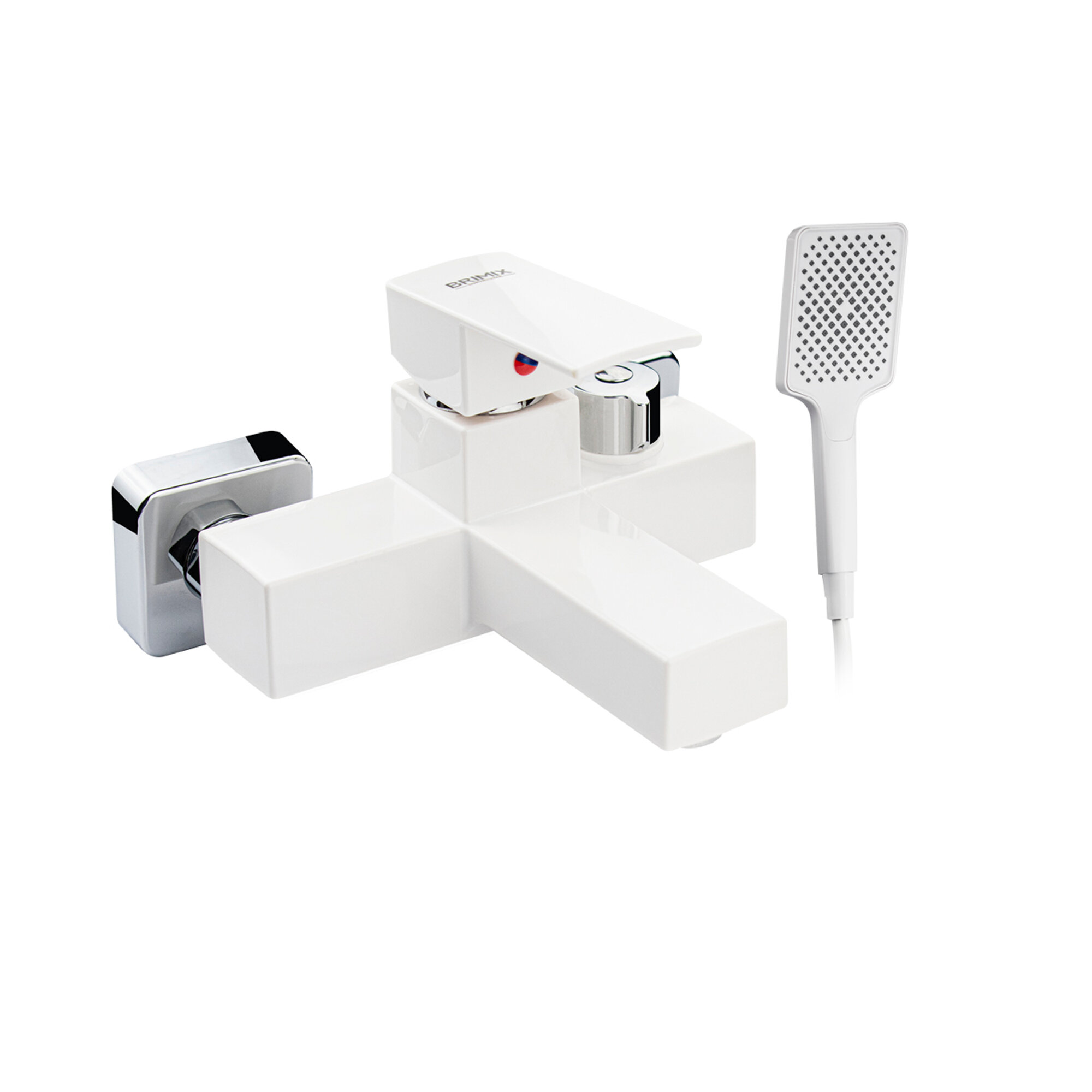 фото Смеситель в ванную, короткий излив, шаровый, из высокопрочного пластика АБС, белый, поворотный дивертор , квадратный корпус .