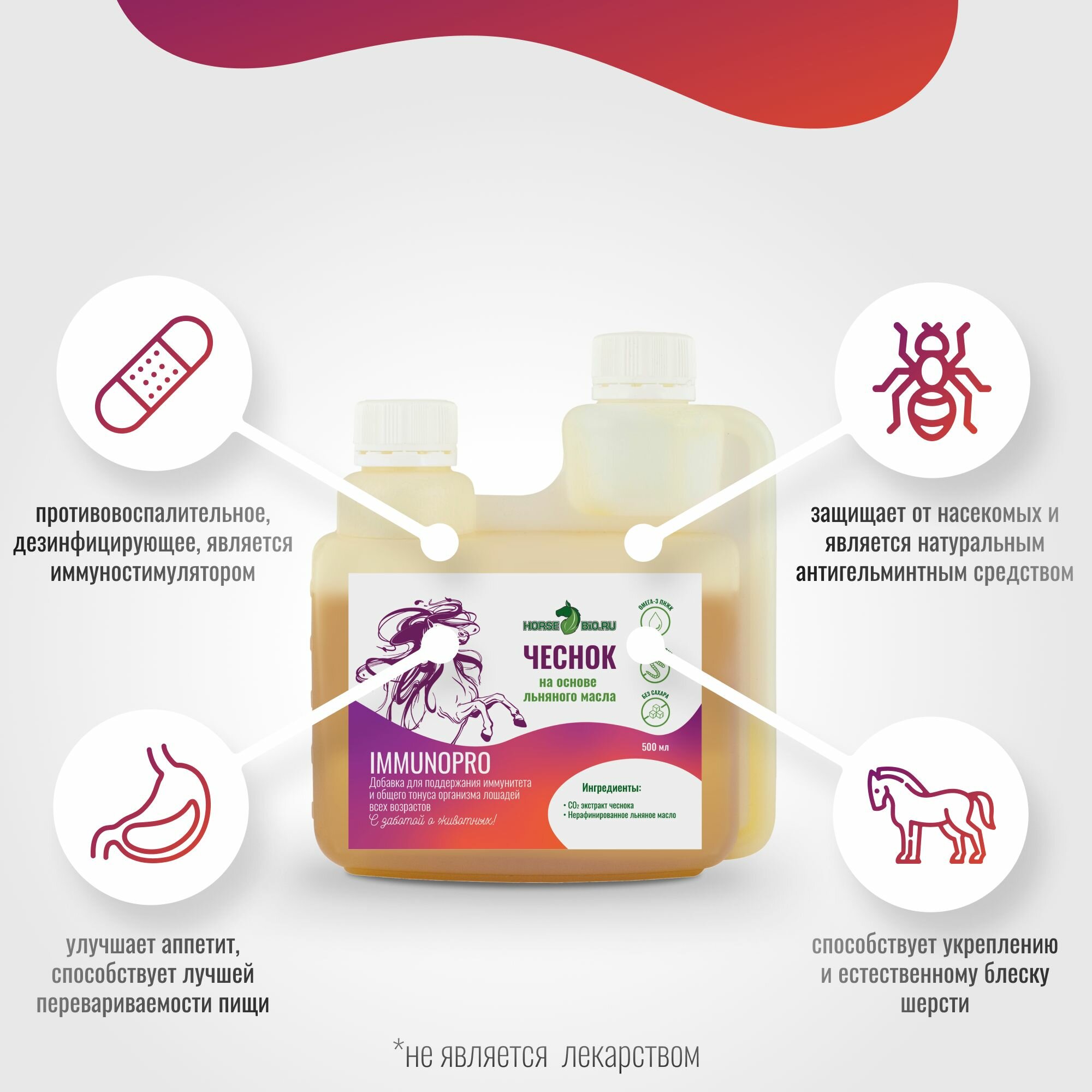 Изображение Эликсир для поддержания иммунитета чеснок Horse-Bio ImmunoPro льняного масла для лошадей на основе, 500 мл