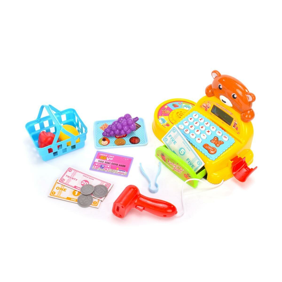 Игрушечная касса «Funny Shop» с набором фруктов, корзиной и деньгами, 38х24х14см, желтая