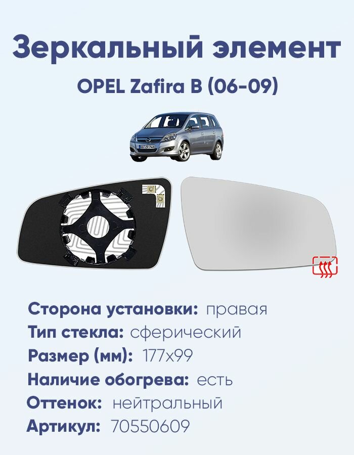 Зеркальный элемент правый OPEL Zafira B (06-09) сфера нейтральный с обогревом