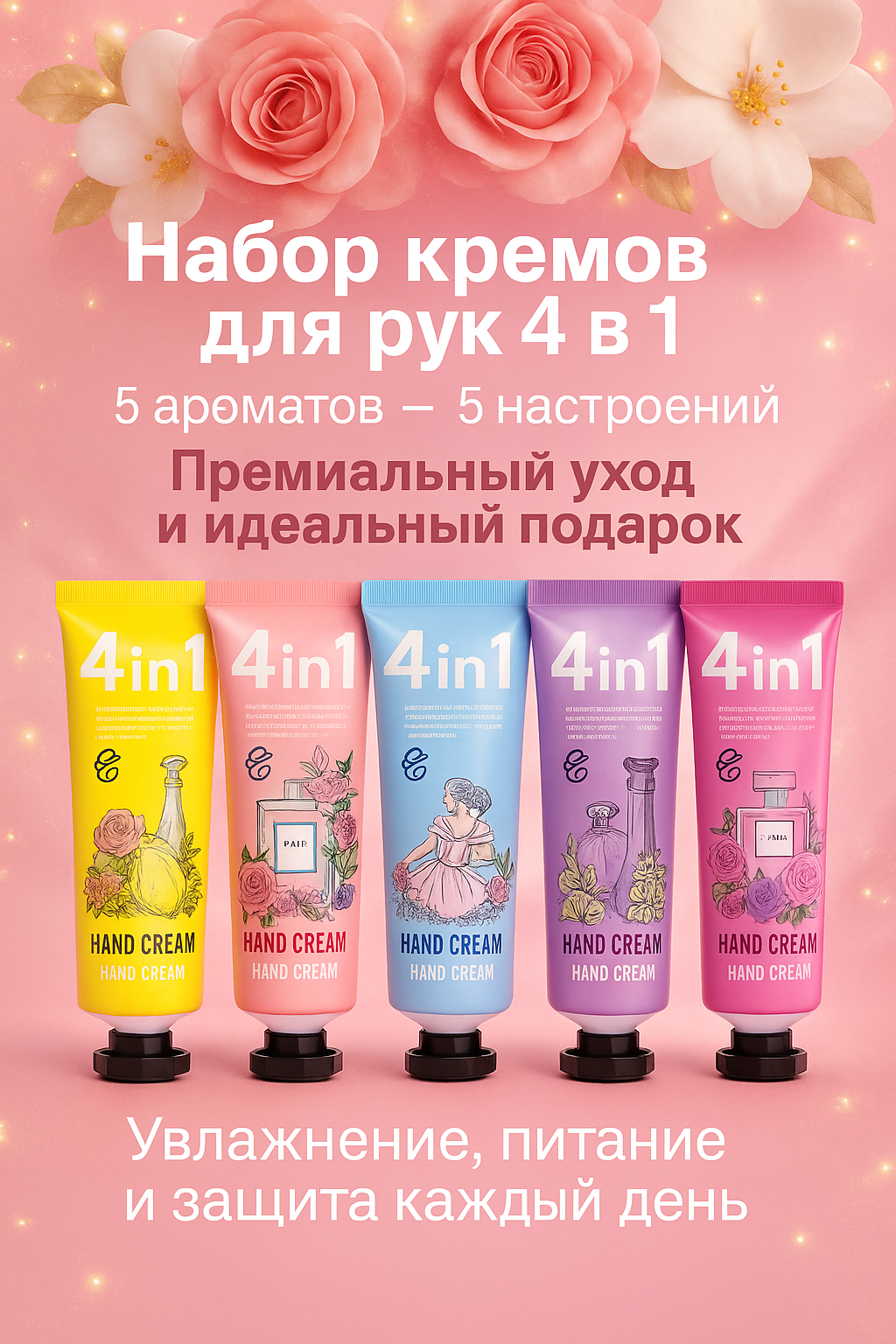 Набор кремов для рук 4 in 1, увлажняющий, парфюмированный, 5 шт. Идеален для подарка