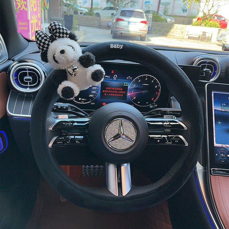Плюшевая накидка на руль с панда-узором для авто - черный, универсальное крепление, зимняя теплоизоляция, нескользящая