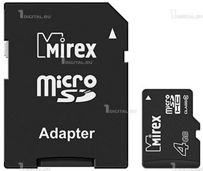 Карта памяти Mirex microSDHC 4GB Class 10 + SD адаптер (13613-AD10SD04)