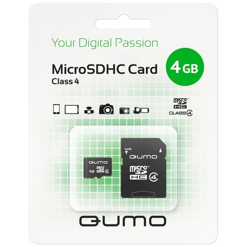 Карта памяти Qumo microSDHC 4 ГБ Class 4, адаптер на SD, 1 шт., черный