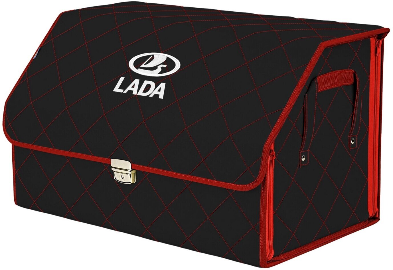 Органайзер-саквояж в багажник "Союз Премиум" (размер XL). Цвет: черный с красной прострочкой Ромб и вышивкой LADA (лада).
