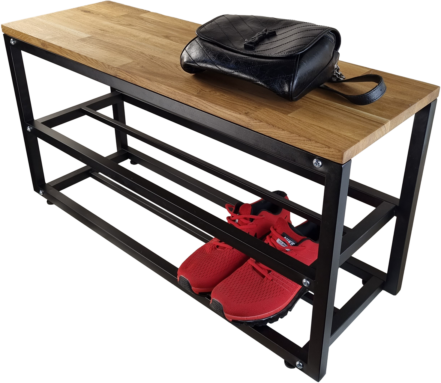 фото Обувница для прихожей LOFT-SYNDICATE, с полками и дубовой скамейкой. 46х31х90см. Черная