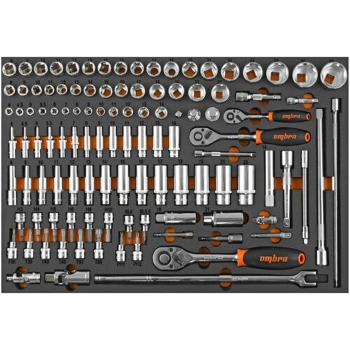 OMT111STE Набор головок торцевых 1/4, 3/8, 1/2 DR с аксессуарами в EVA ложемете 5н60x375 мм, 111 предметов. OMBRA