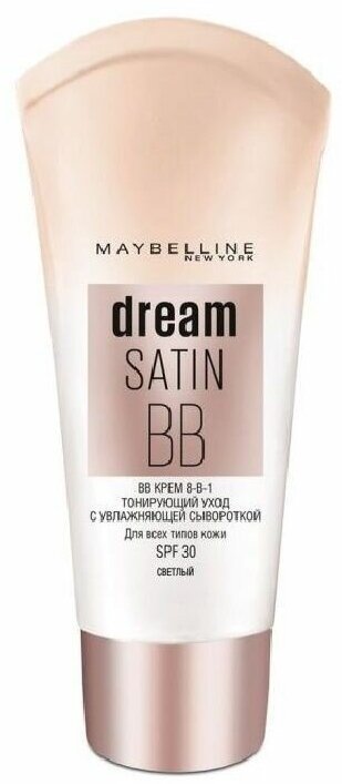 Maybelline New York Dream Satin BB-крем 8 в 1 Тонирующий уход с увлажняющей сывороткой SPF 30, оттенок Светлый, 30 мл