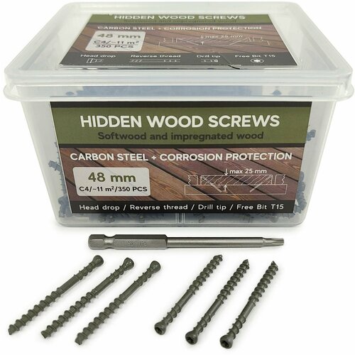 Саморезы Hidden Wood Screws C4 48 mm 350 шт, для скрытого крепежа террасной доски