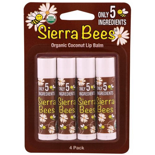 Sierra Bees Бальзам для губ кокос, 4 шт., бесцветный burts bees essential burts bees kit by bur ts bees for women 5 pc kit 1oz body lotion with milk and honey 0 3o