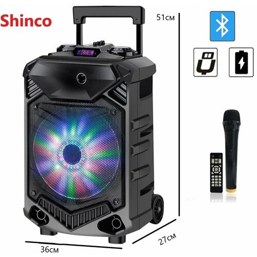 Большая беспроводная мощная портативная блютуз Bluetooth колонка с беспроводным микрофоном для караоке с подсветкой радио и AUX 800000₽
