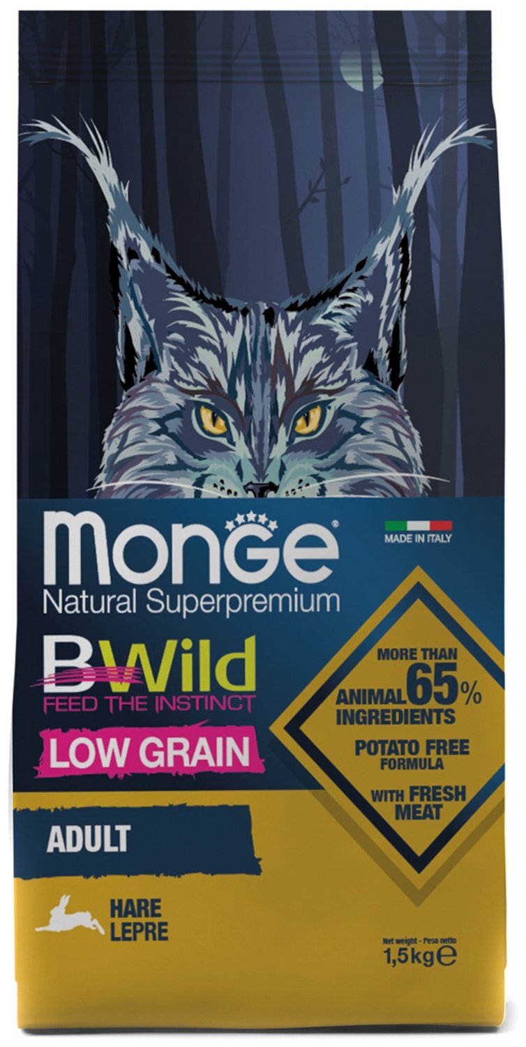 Monge Cat BWild LOW GRAIN низкозерновой корм из мяса зайца для взрослых кошек 1,5 кг - фотография № 1