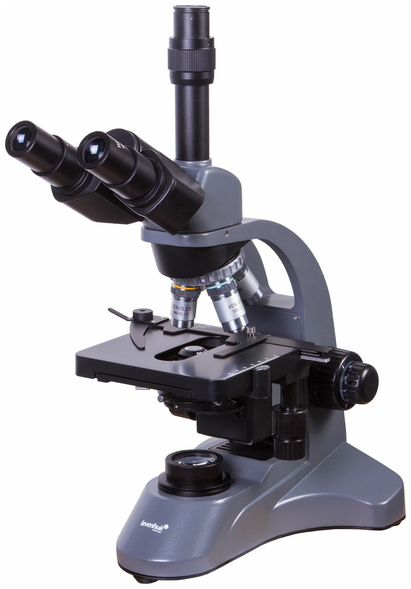 Микроскоп LEVENHUK 740T, световой/оптический/биологический, 40-2000x, на 4 объектива, серый/черный [69657]