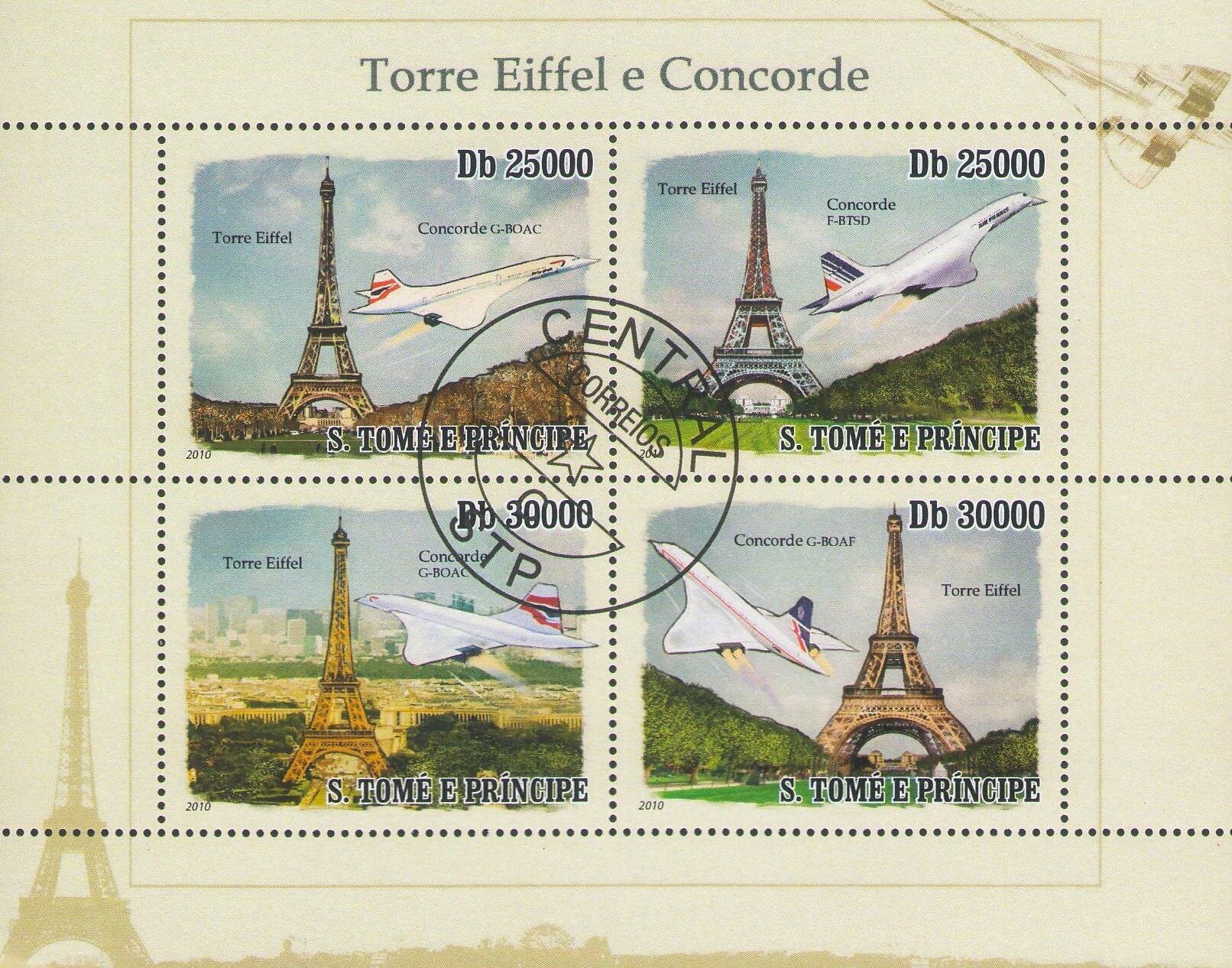 Сан-Томе и Принсипи Гашеный блок марок "Эйфелева башня и Конкорд" 2010 г. в.