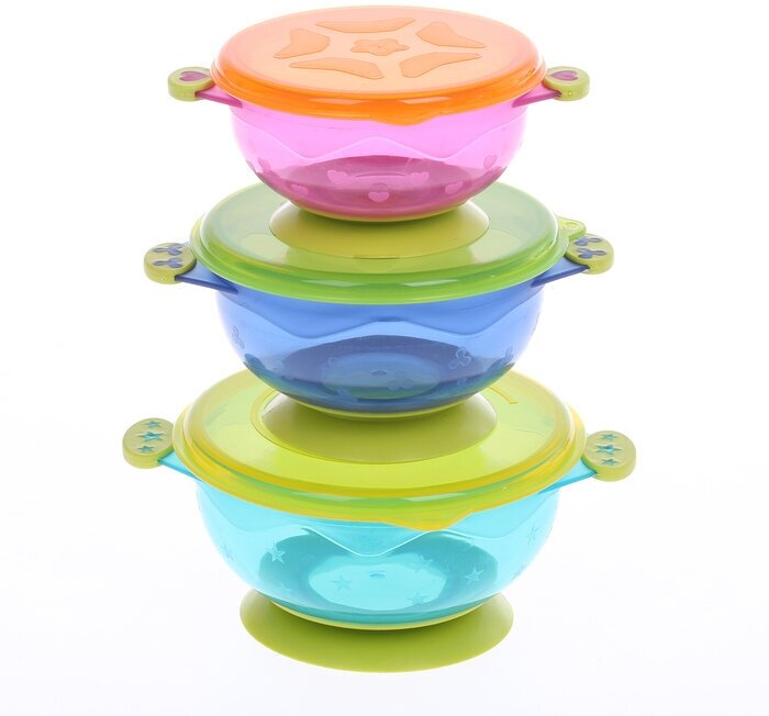 Набор детской посуды для кормления/хранения: миски на присоске, 3 шт,150, 250, 350 мл. с крышками, от 5 мес.