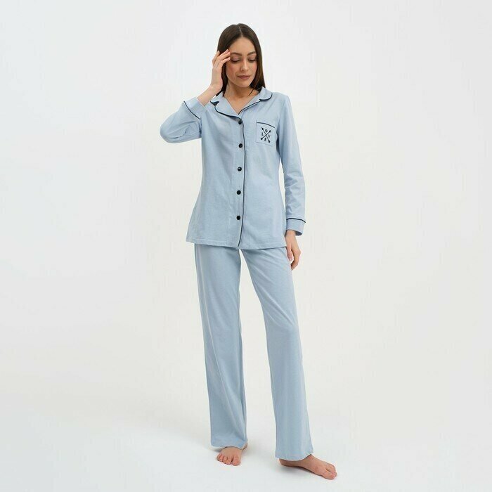 Пижама женская (рубашка и брюки) Love размер 40-42, цвет голубой - фотография № 1