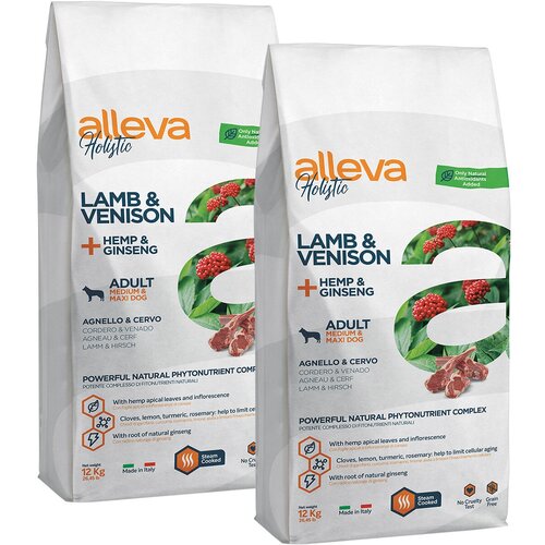 ALLEVA HOLISTIC ADULT DOG MEDIUM/MAXI LAMB & VENISON беззерновой взрослые собаки средних и крупных пород ягненок/оленина/конопля/женьшень (12 + 12 кг)