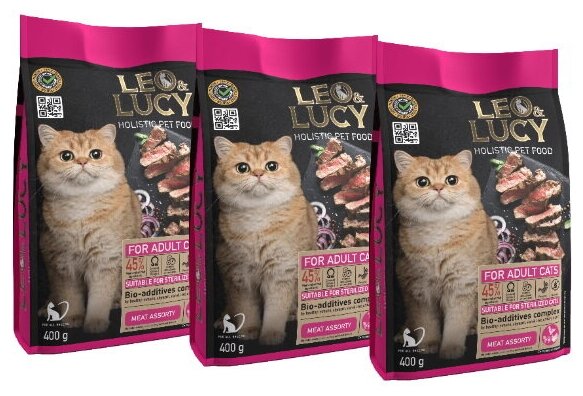 LEO&LUCY Сухой корм для кошек Holistic Steril мясное ассорти, биодобавки, 400гр * 3шт - фотография № 1