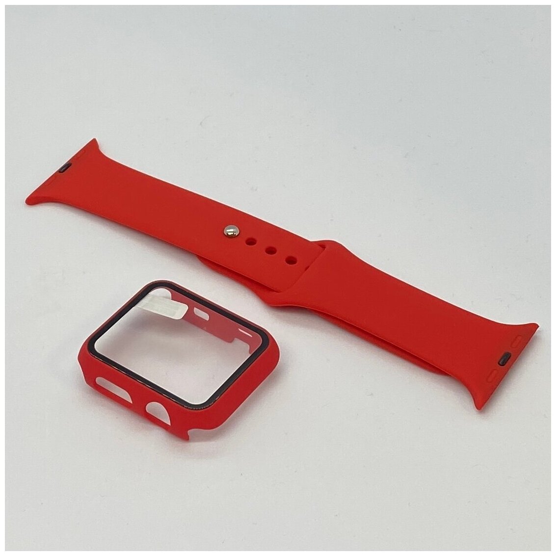 Чехол для Apple Watch 44mm со стеклом + силиконовый ремешок красный