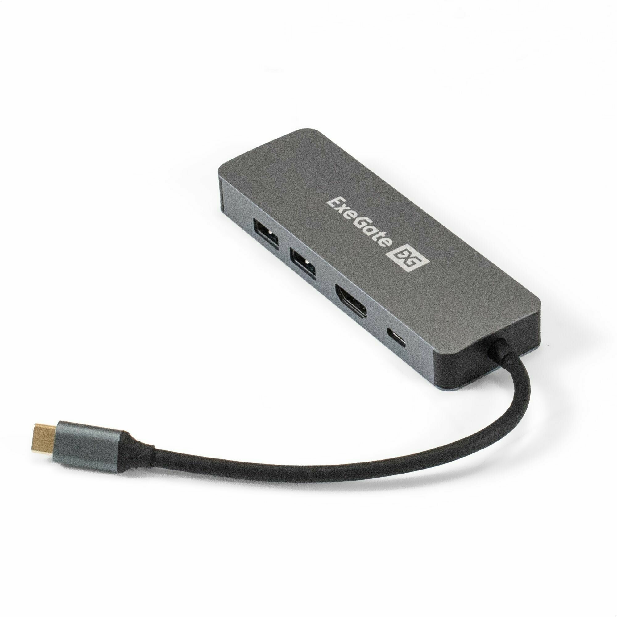 Док-станция 5-в-1 ExeGate DUB-21C/PD/HL (кабель-адаптер USB Type-C --> 2xUSB3.0 + PD 100W + HDMI 4K@60Hz + Lan RJ45 10/100/1000Mb Plug&Play серая)