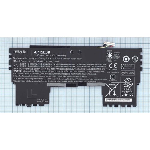 Аккумулятор AP12E3K для ноутбука Acer Aspire S7-191 7.4V 28Wh (3780mAh) черный клавиатура для ноутбука acer aspire s7 191 серебристая с подсветкой