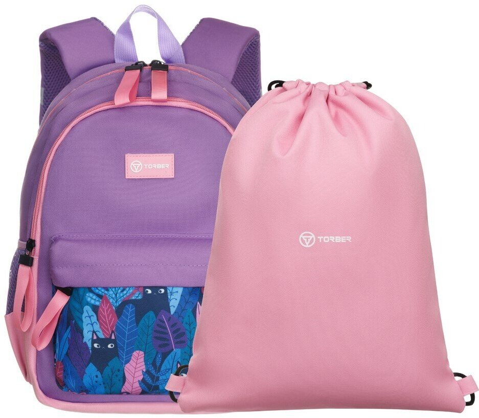 Рюкзак TORBER CLASS X Mini, сиреневый/розовый с орнаментом, полиэстер 900D + Мешок для обуви в подарок!