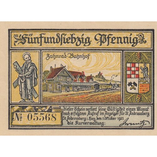 Германия (Веймарская Республика) Санкт-Андреасберг 75 пфеннигов 1921 г. германия санкт андреасберг 25 пфеннигов 1921 г