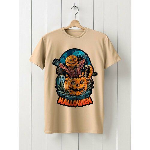 фото Футболка hypnotica футболка унисекс бежевая из хлопка с dtf принтом хеллоуин тыквоголовый (рэтро плакат, винтаж, осень, подарок, helloween) - 9431, размер 3xl, бежевый