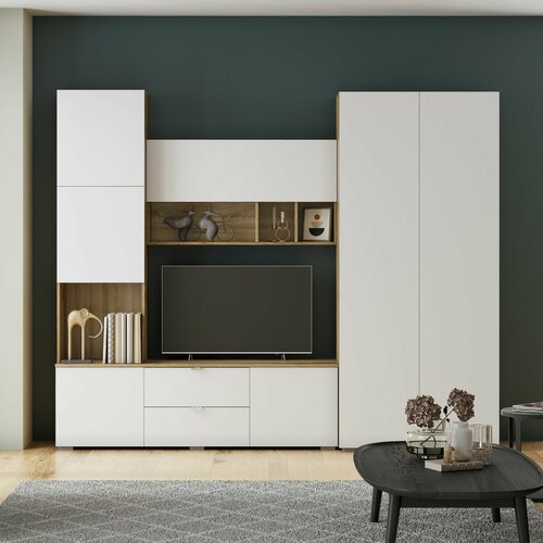 Стенка в гостиную Милан от Астрид Мебель со шкафом, нишей под ТВ, верхними модулями, 250х50х202 см, цвет Дуб Делано/Белый