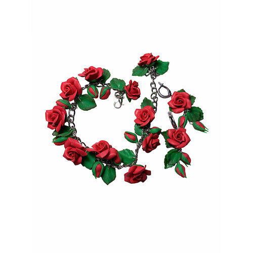 Комплект бижутерии: браслет, серьги, полимерная глина, хрусталь, размер браслета 19 см, красный, серебряный