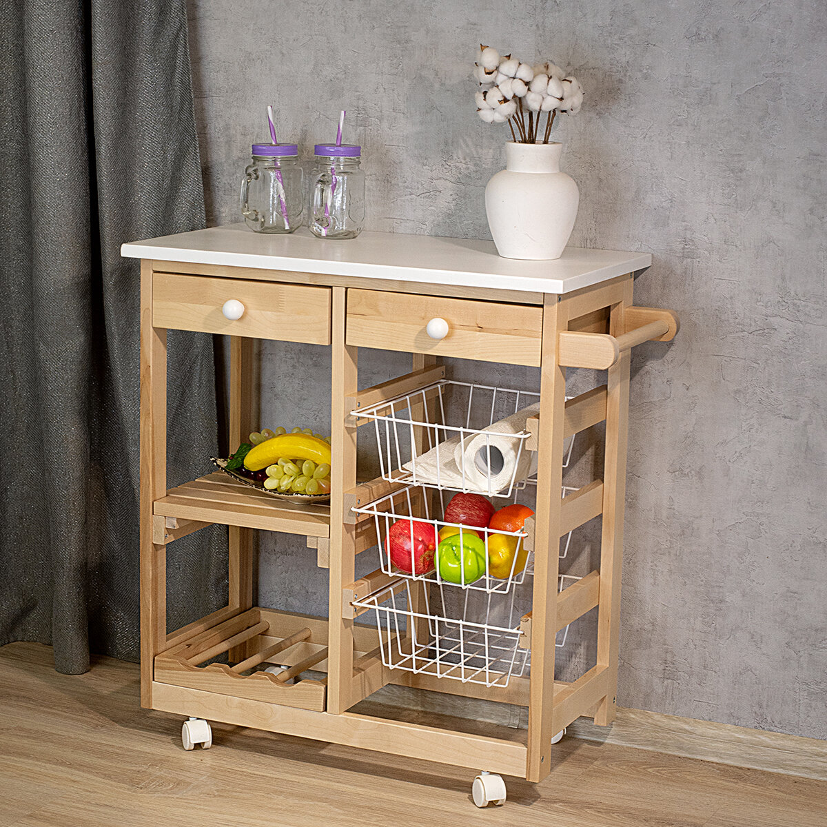 Тумба с баром и корзинами белый/лак — фото 1