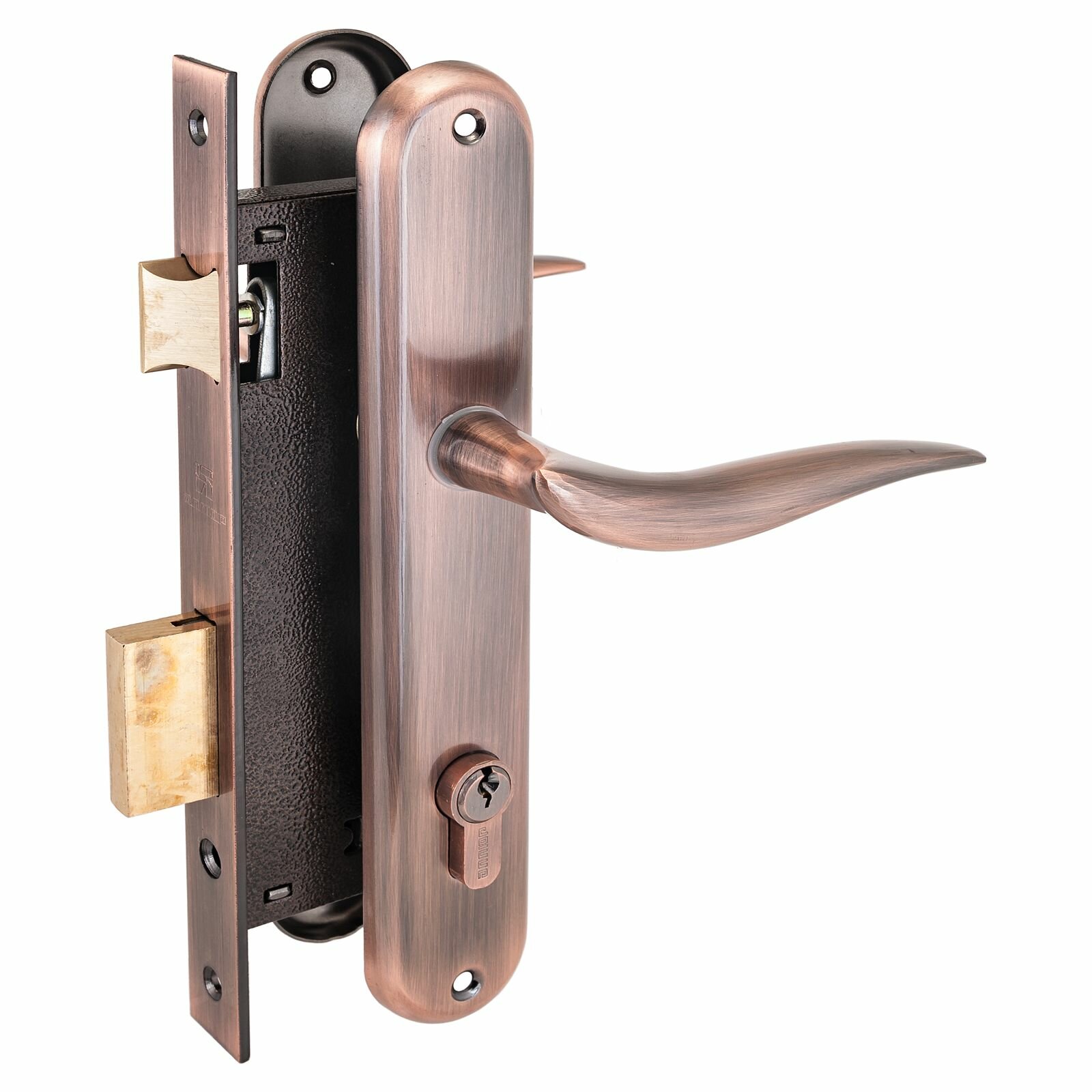 Врезной замок Аллюр 0205AC с ручками цвет старая медь цилиндровый межосевое 85мм