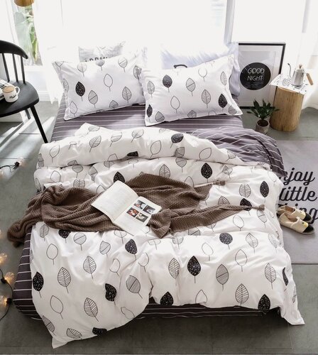 Изображение товара Комплект постельного белья Семейное – Бело-черные листья / Семейное / 2 - пододеяльника 150x220 см / простыня 220x240 см