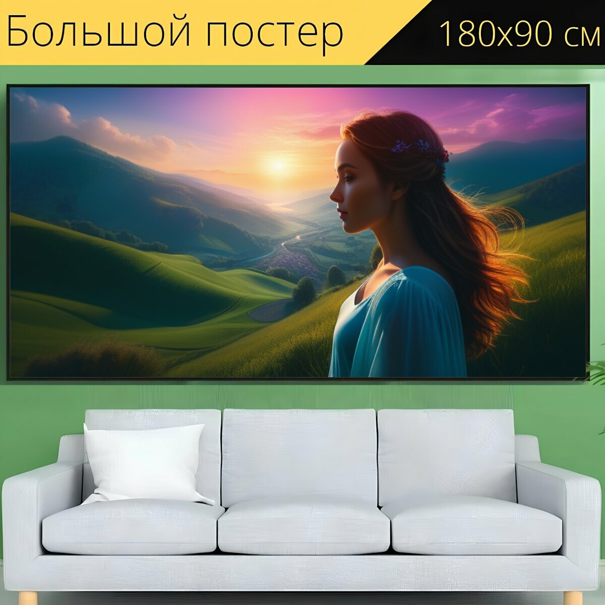 Большой постер "Красивый пейзаж с женщиной красивый, " 180 x 90 см. для интерьера на стену